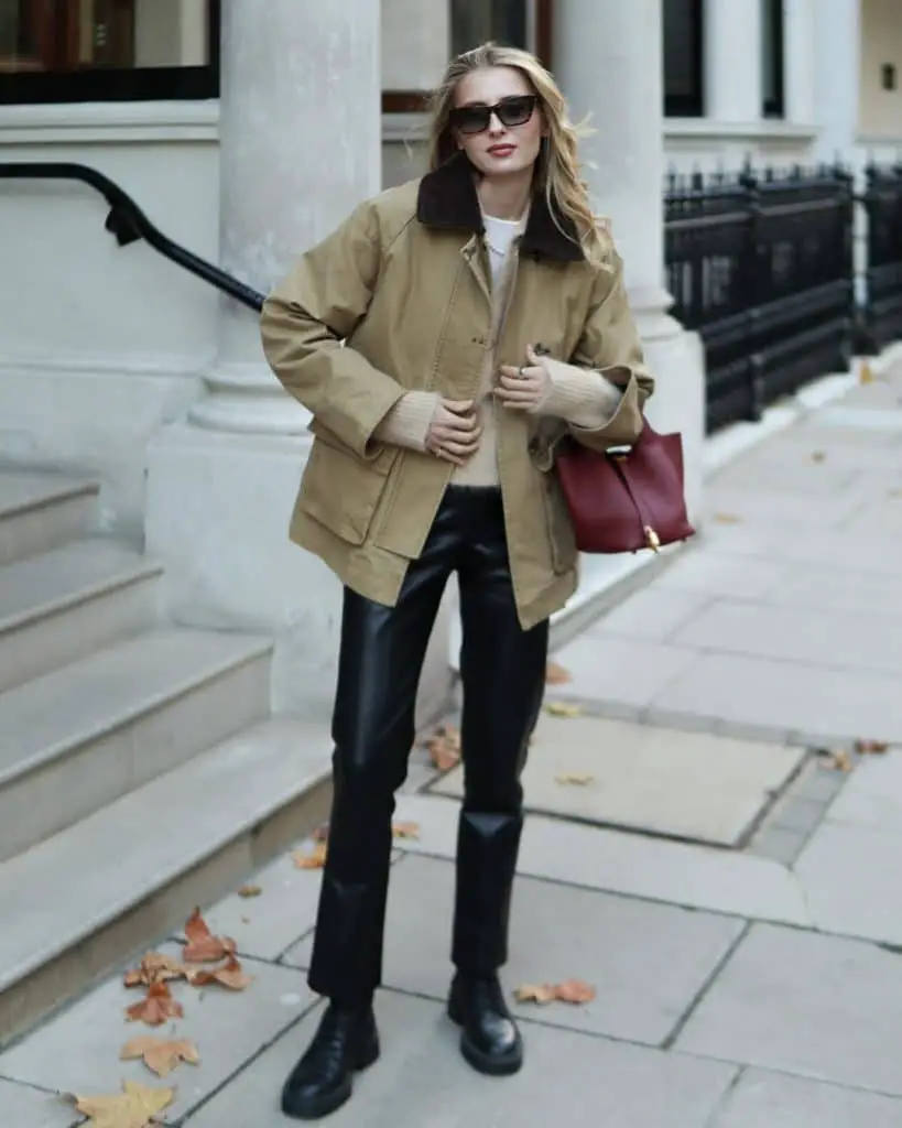 Tan Cotton Canvas Barn Jacket with Leather Pants Tan Cotton Canvas Barn Jacket with Leather Pants — Trendy Barn Jacket Outfit