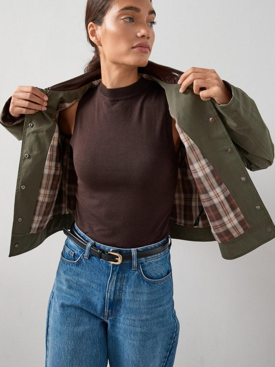 Green Barn Jacket with Plaid Lining and Brown Knit Top Green Barn Jacket with Plaid Lining and Brown Knit Top — Trendy Barn Jacket Outfit