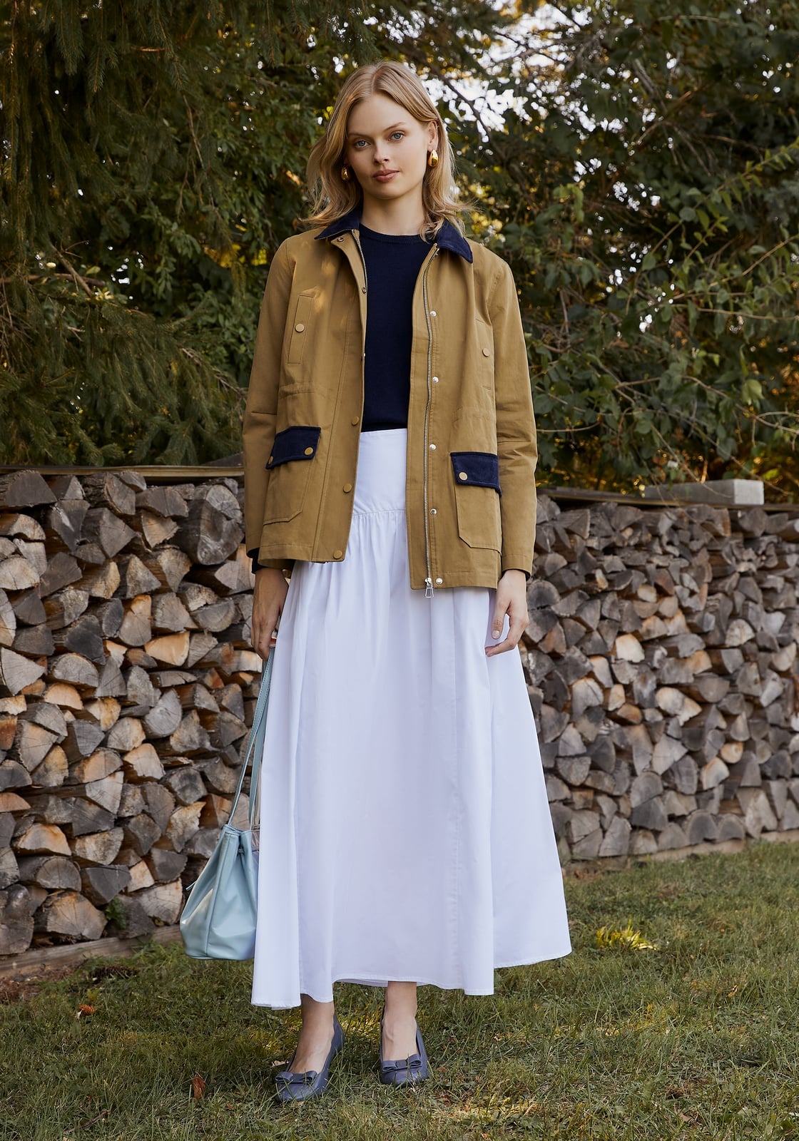 Tan Barn Jacket with Navy Accents and A-line Skirt Tan Barn Jacket with Navy Accents and A-line Skirt — Trendy Barn Jacket Outfit