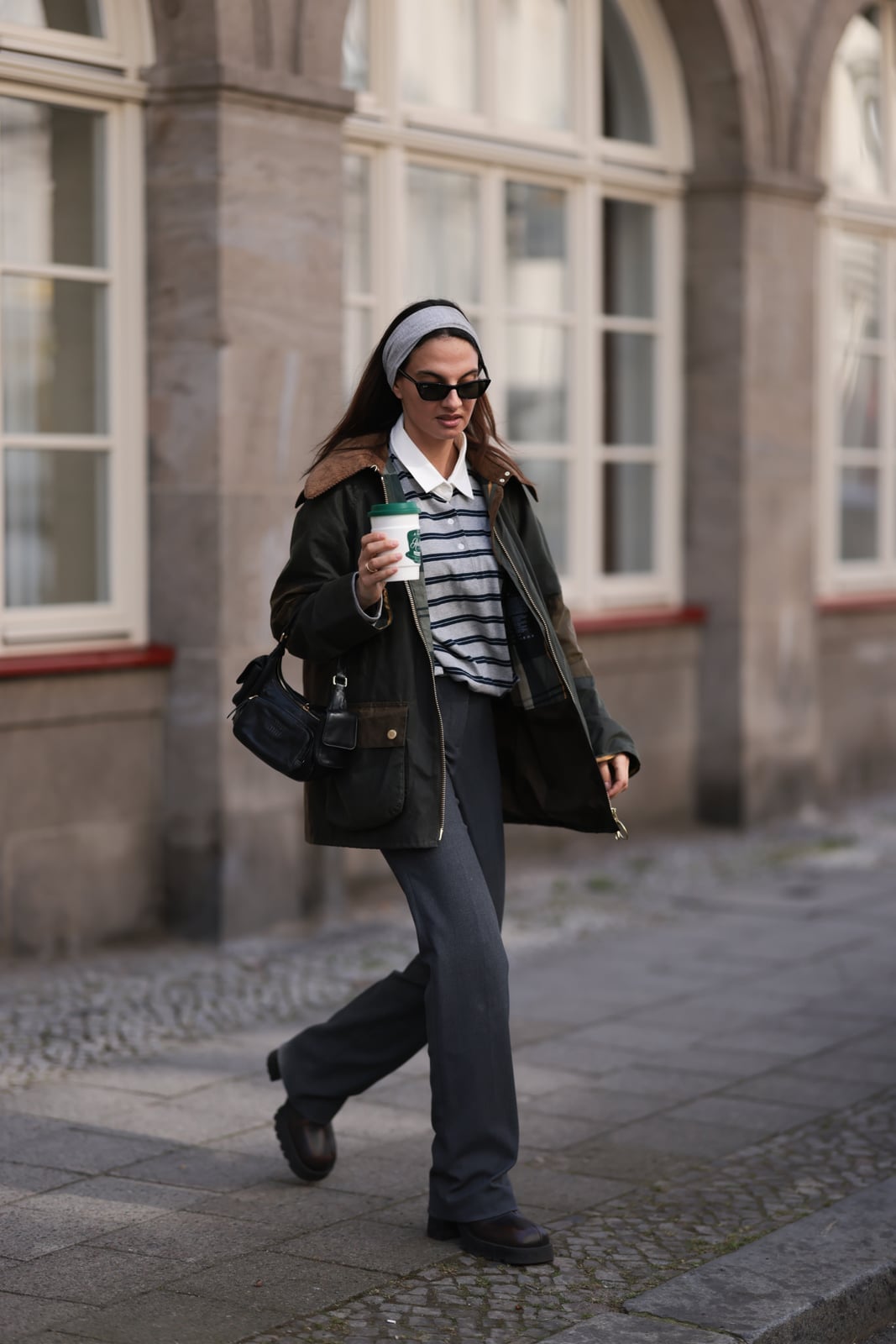 Olive Green Barn Jacket with Striped Shirt and Gray Trousers Olive Green Barn Jacket with Striped Shirt and Gray Trousers — Trendy Barn Jacket Outfit