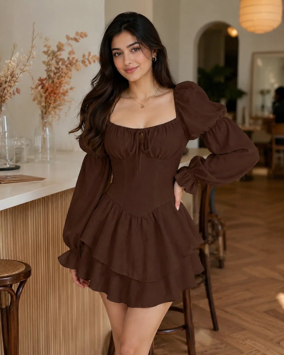 Brown Dress with Puff Sleeves and Flared Skirt — Trendy Birthday Dresses Outfit