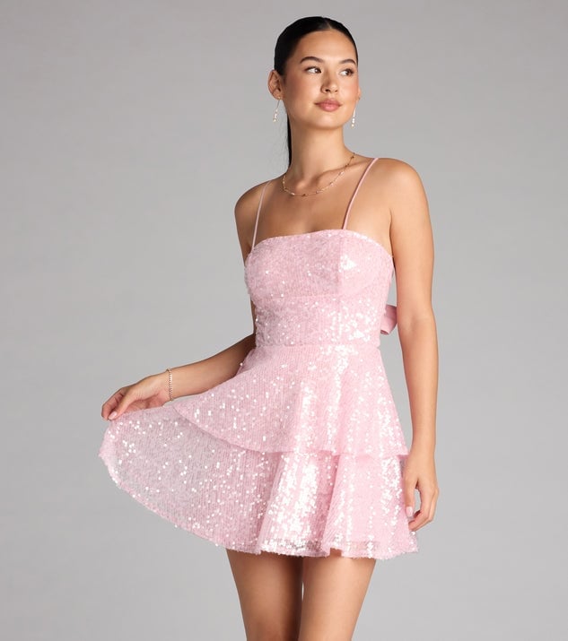 Pink Sequined A-Line Mini Dress with Tiered Skirt — Trendy Birthday Dresses Outfit