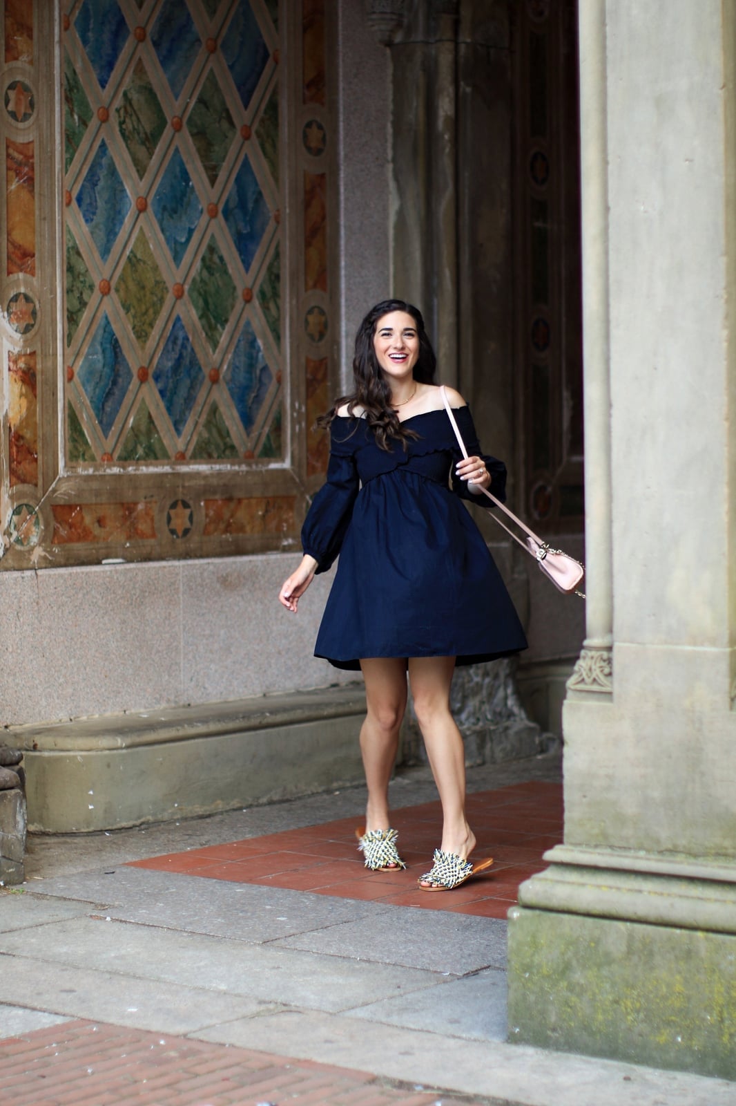 Navy Off-The-Shoulder Dress with Voluminous Sleeves — Trendy Birthday Dresses Outfit