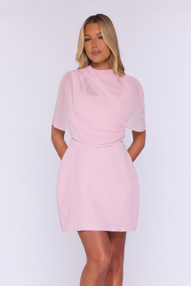 Pale Pink Mini Dress with Draped Neckline Overlay — Trendy Birthday Dresses Outfit