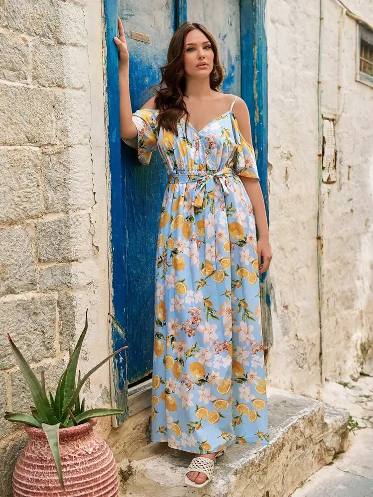 Light Blue Printed Off-The-Shoulder Maxi Dress — Trendy Birthday Dresses Outfit
