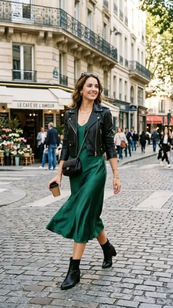 Emerald Green Satin Slip Dress with Biker Jacket — Trendy Birthday Dresses Outfit