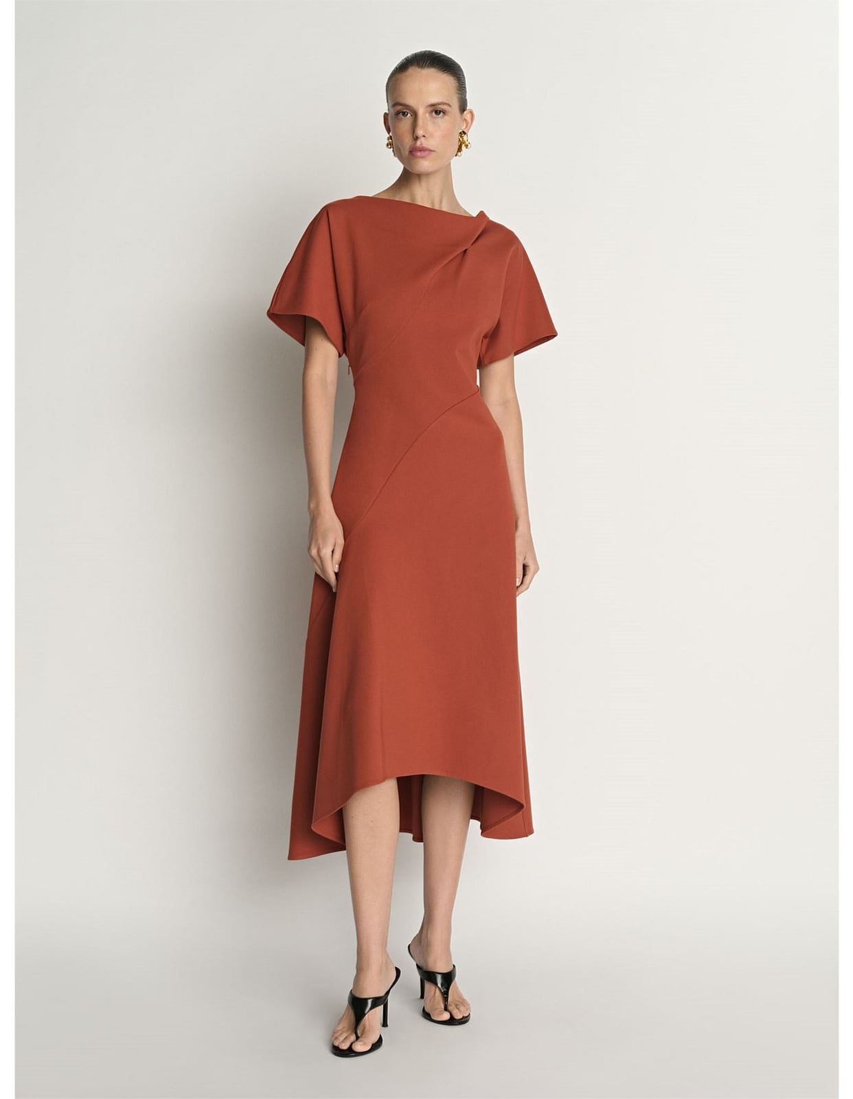 Rust Orange Textured Midi Dress with Asymmetrical Hem — Trendy Birthday Dresses Outfit