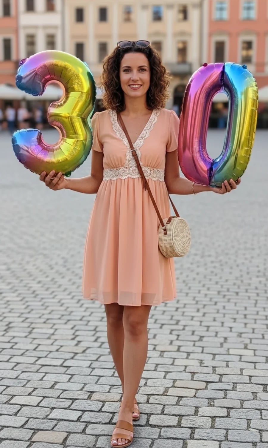 Peach Dress with Lace Trim and Straw Bag — Trendy Birthday Dresses Outfit