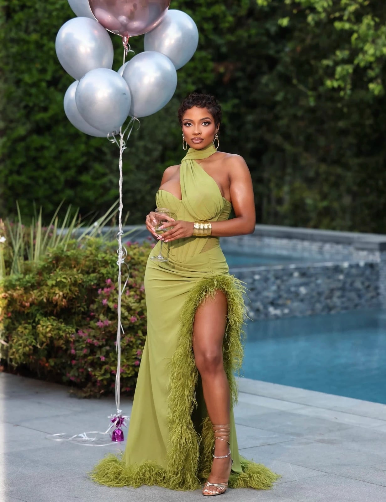 Olive Green One-Shoulder Gown with Feather Trim — Trendy Birthday Dresses Outfit
