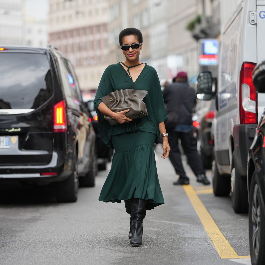 Deep Green Long-Sleeved Midi Dress with Ruffled Hem — Trendy Birthday Dresses Outfit