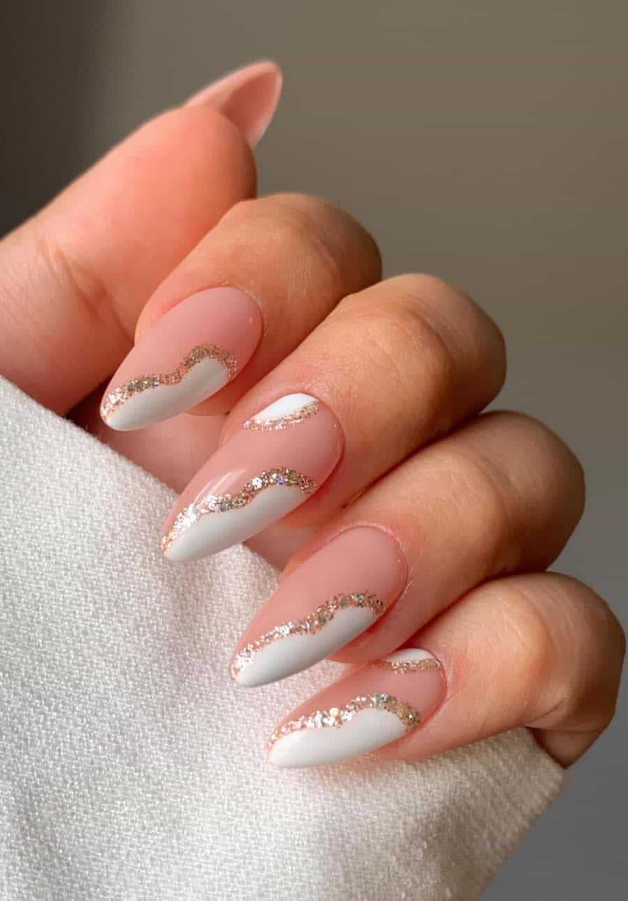 Sheer Pink Glitter French Almond Nails — Trendy Birthday Nails Almond