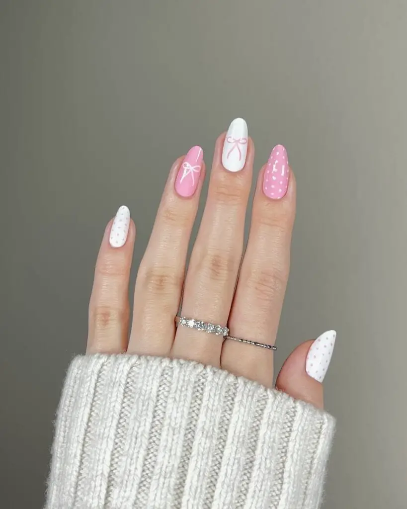 Pink White Bow Polka Dot Almond Nails — Trendy Birthday Nails Almond