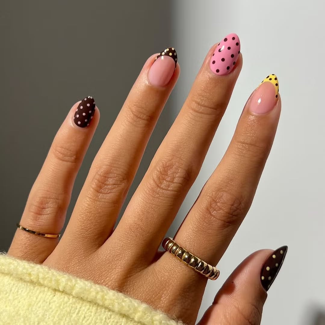 Nude French Polka Dot Almond Nails — Trendy Birthday Nails Almond