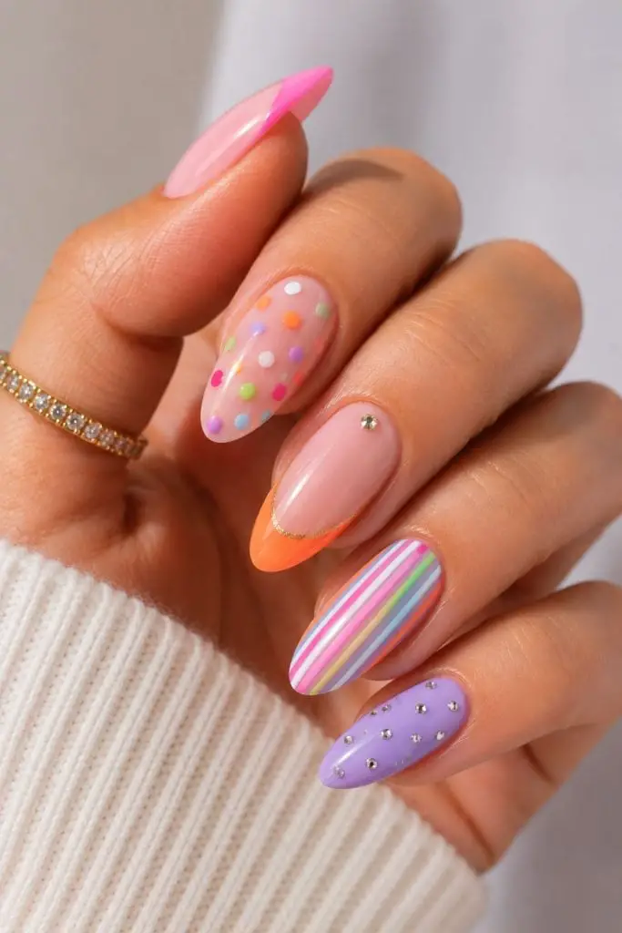 Short Almond French Tips Stripes Rhinestones Nails — Trendy Birthday Nails Almond
