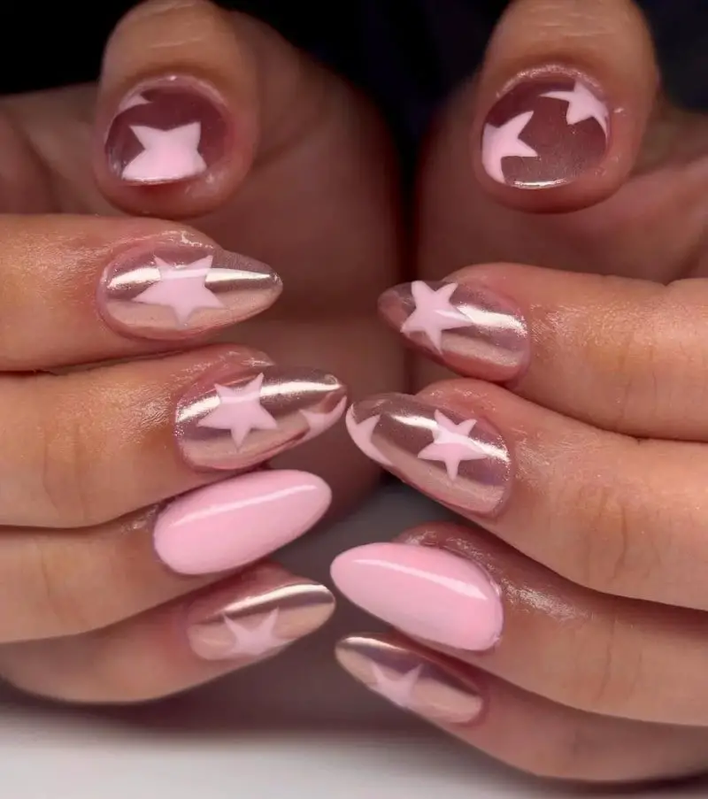 Pink Rose Gold Chrome Star Almond Nails — Trendy Birthday Nails Almond