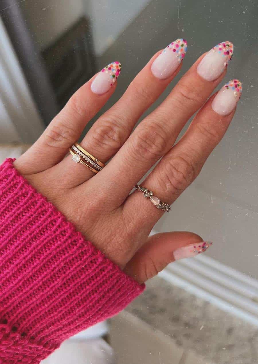 Nude Iridescent 3D Heart Pearl Almond Nails — Trendy Birthday Nails Almond