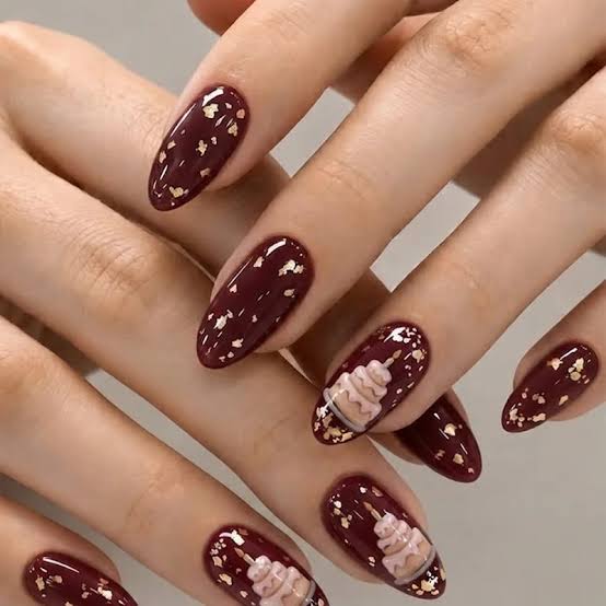 Burgundy Gold Flake Tiered Cake Almond Nails — Trendy Birthday Nails Almond