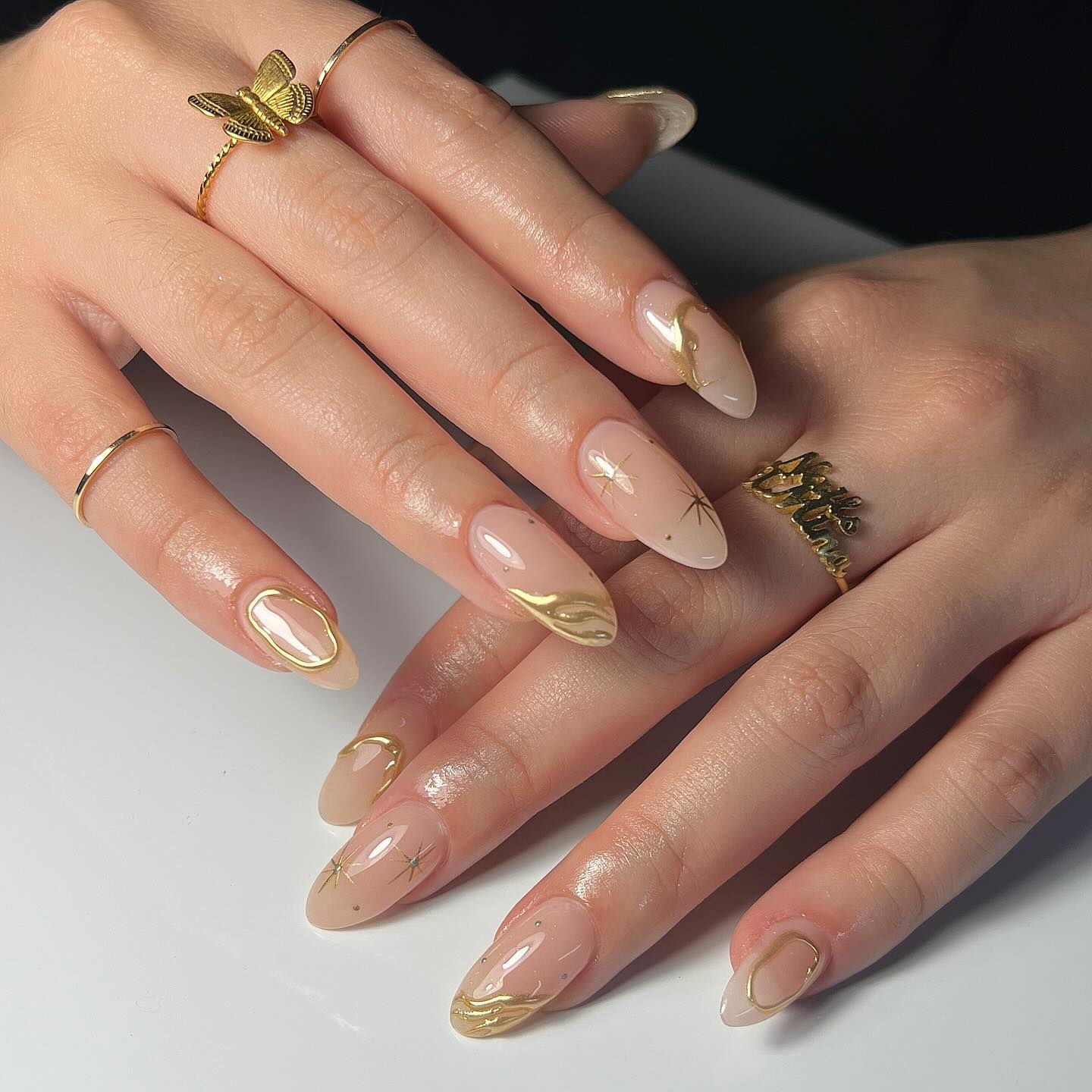 Nude Gold Foil French Tip Almond Nails — Trendy Birthday Nails Almond