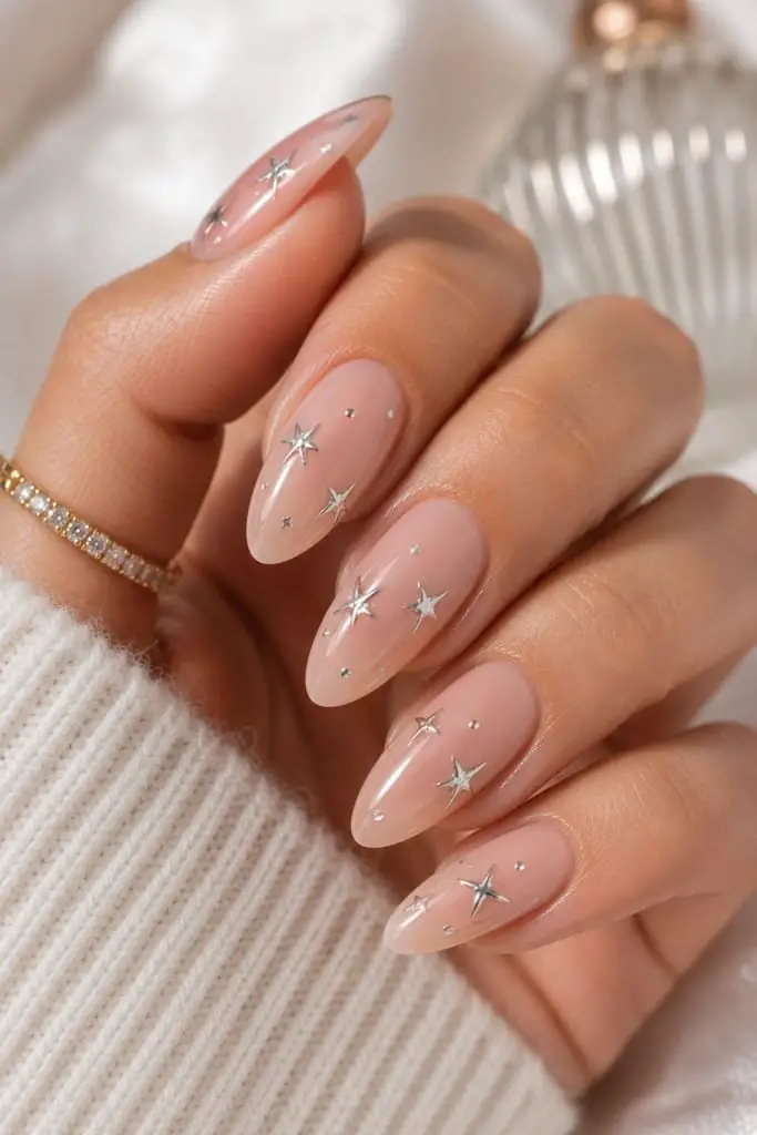 Sheer Nude Silver Star Decal Almond Nails — Trendy Birthday Nails Almond