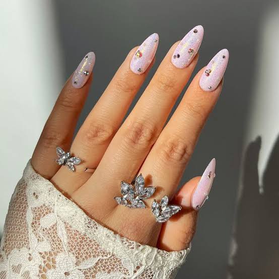 Pale Pink Iridescent Shimmer Almond Nails — Trendy Birthday Nails Almond