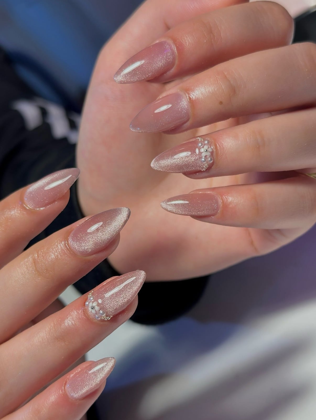 Sheer Pink Cat-Eye Rhinestone Pearl Almond Nails — Trendy Birthday Nails Almond