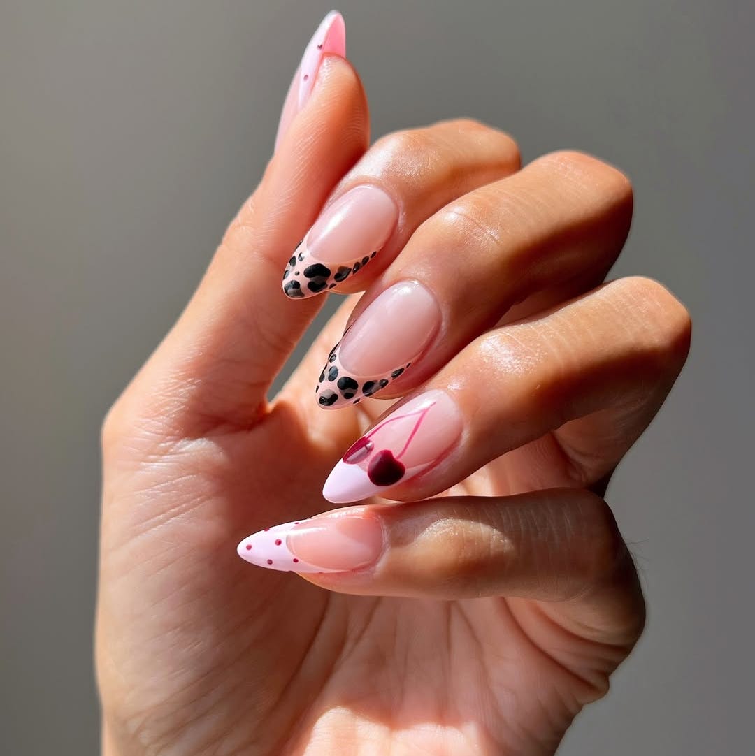Long Almond Cherry Motif French Tips Nails — Trendy Birthday Nails Almond