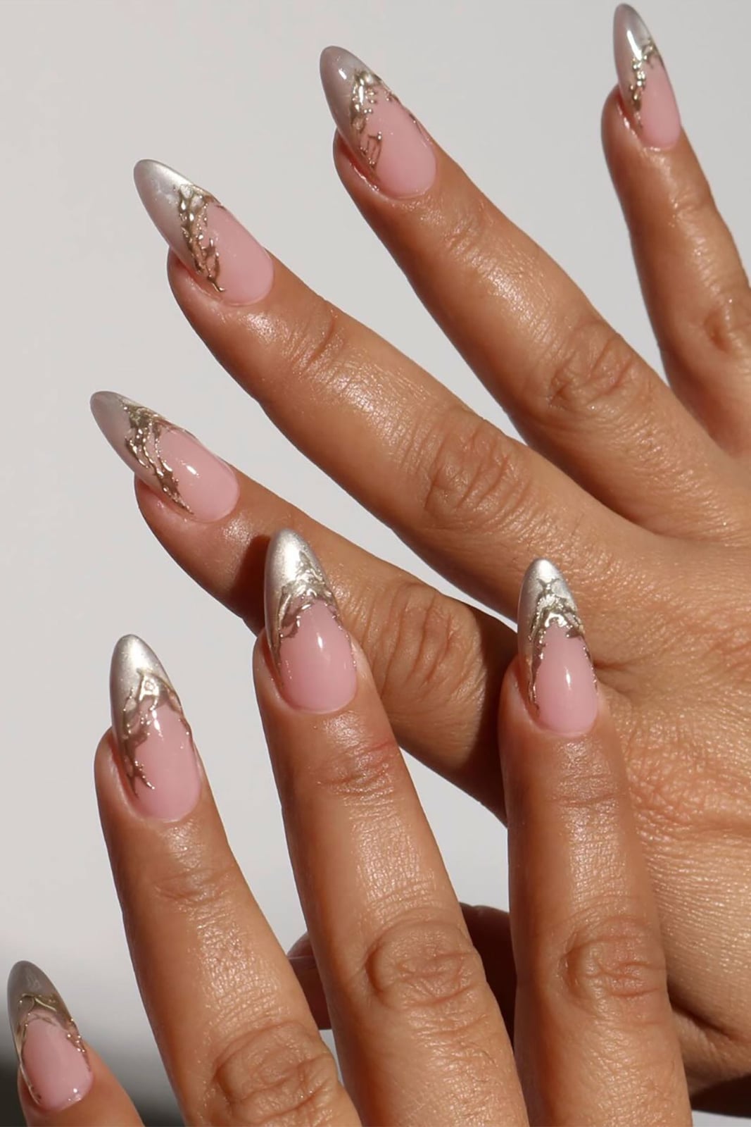 Sheer Pink Metallic Silver Foil French Almond Nails — Trendy Birthday Nails Almond