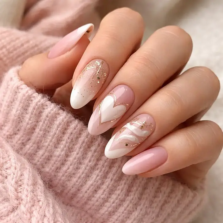 Pale Pink White Gold Wavy Line Almond Nails — Trendy Birthday Nails Almond