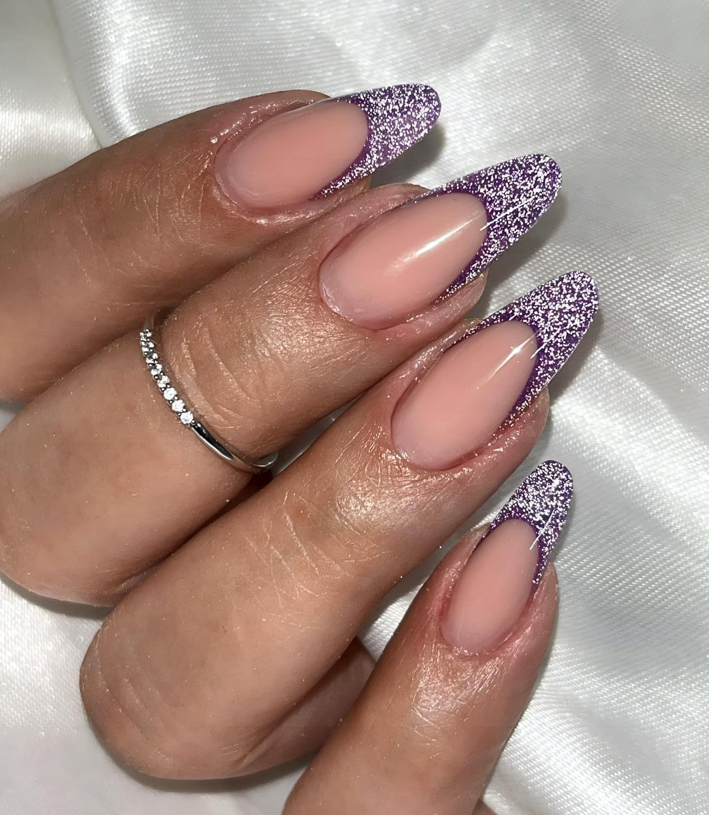 Pink Purple Glitter French Long Almond Nails — Trendy Birthday Nails Almond