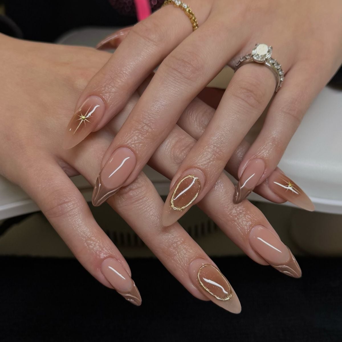 Nude Brown Gold Geometric Almond Nails — Trendy Birthday Nails Almond