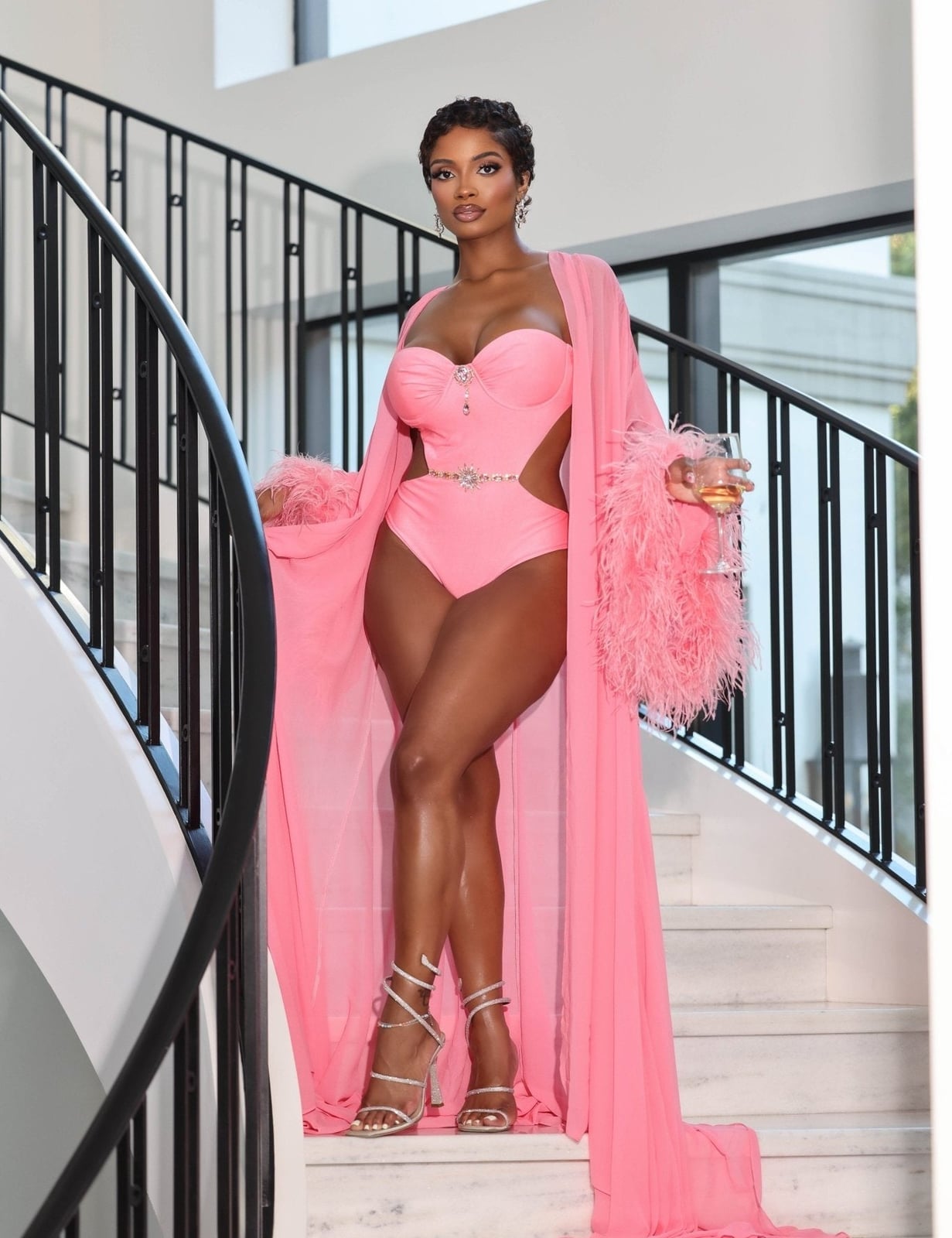 Pink Cut-Out Swimsuit with Feather Robe Pink Cut-Out Swimsuit with Feather Robe — Trendy Birthday Outfits