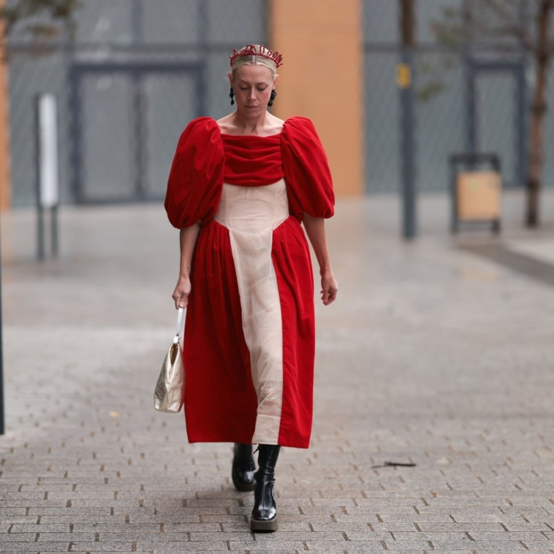 Red Dress with Puffed Sleeves and Cream Panel Red Dress with Puffed Sleeves and Cream Panel — Trendy Birthday Outfits