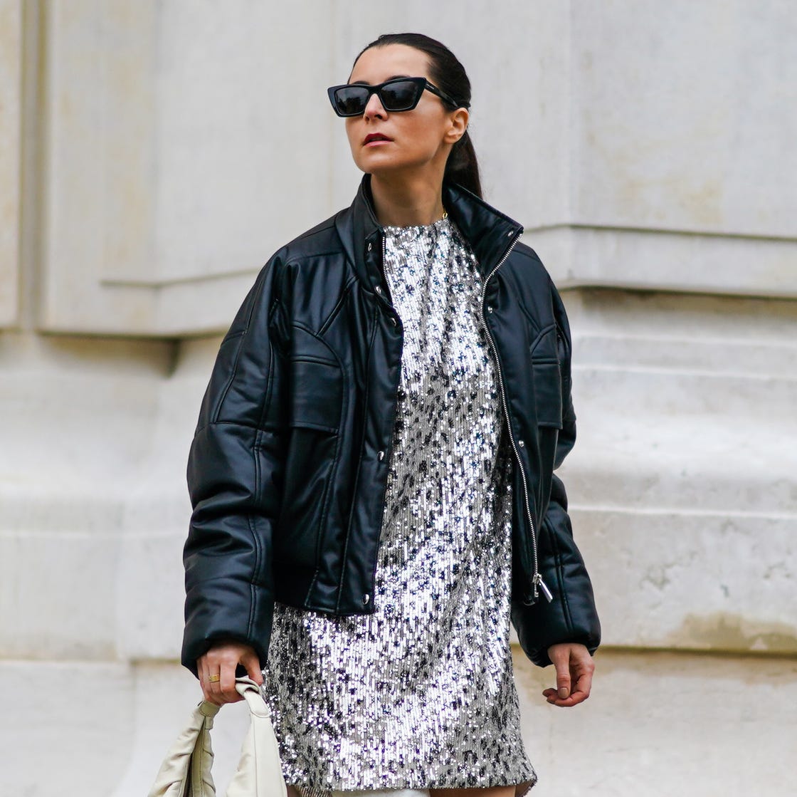 Sequin Mini Dress Under Leather Puffer Jacket Sequin Mini Dress Under Leather Puffer Jacket — Trendy Birthday Outfits