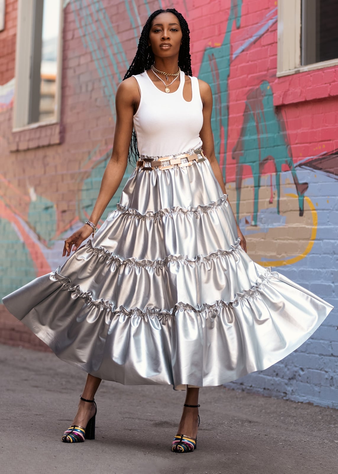 Metallic Tiered Skirt with Cutout Tank Top and Colorful Striped Heels Metallic Tiered Skirt with Cutout Tank Top and Colorful Striped Heels — Trendy Birthday Outfits Black Women