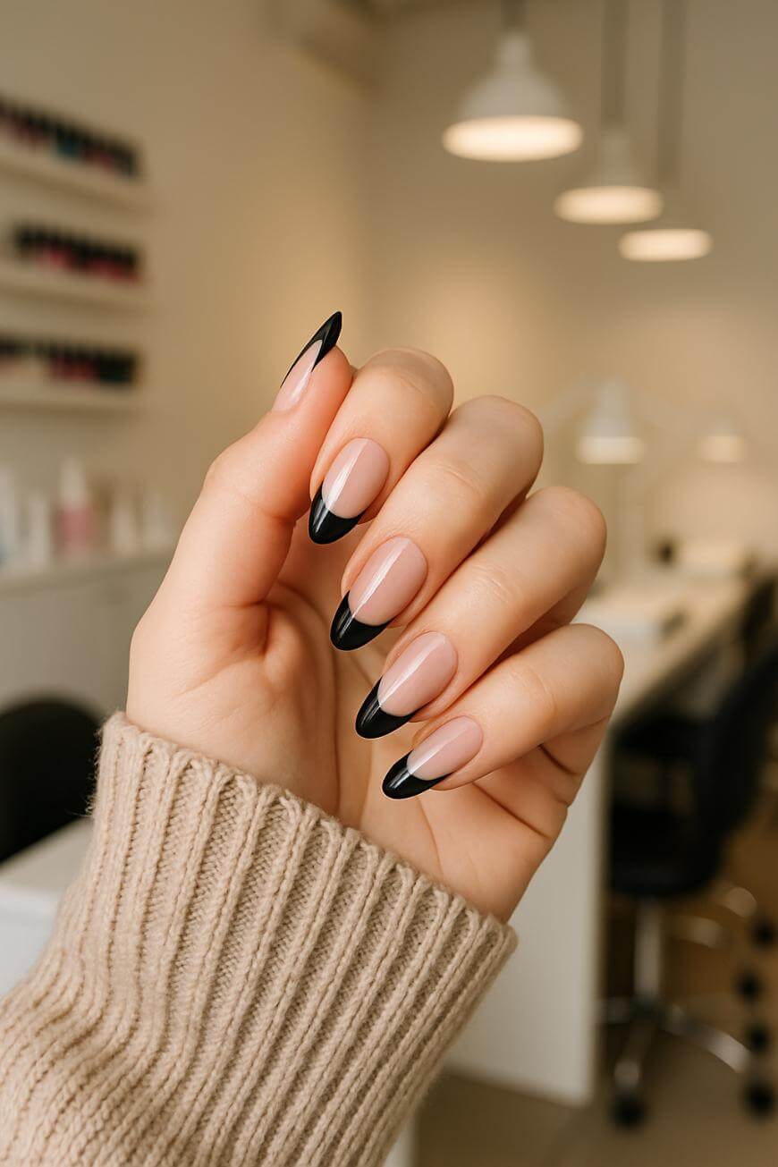Sheer Pink Base Black French Almond Sheer Pink Base Black French Almond — Trendy Black Almond Nails