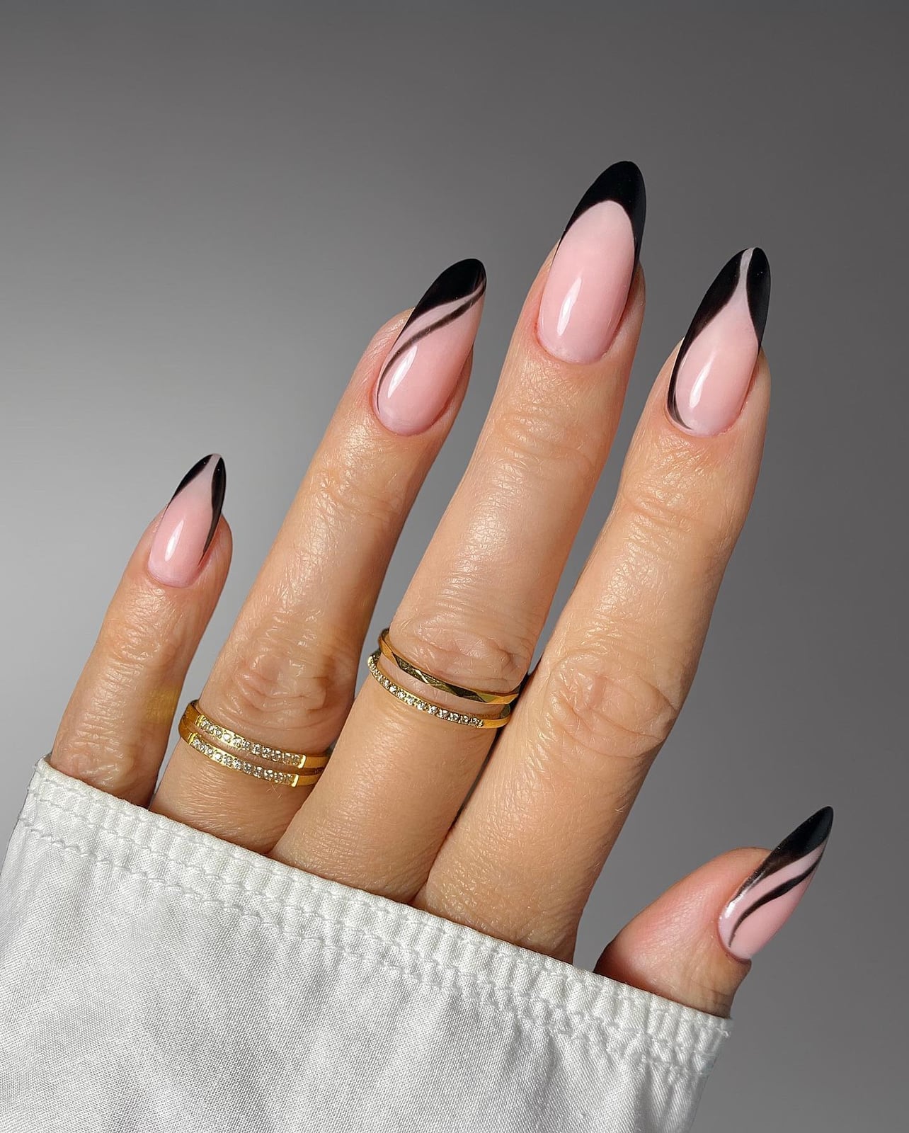 Long Almond Black French With Lines Long Almond Black French With Lines — Trendy Black Almond Nails