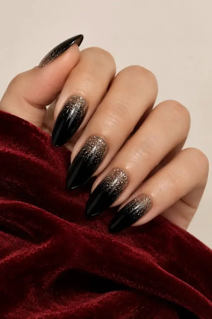 Black And Champagne Glitter Gradient Almond Black And Champagne Glitter Gradient Almond — Trendy Black Almond Nails