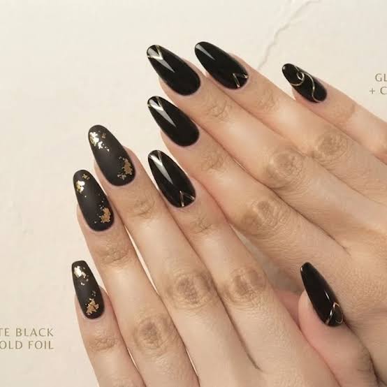 Matte Black Almond With Gold Foil Matte Black Almond With Gold Foil — Trendy Black Almond Nails