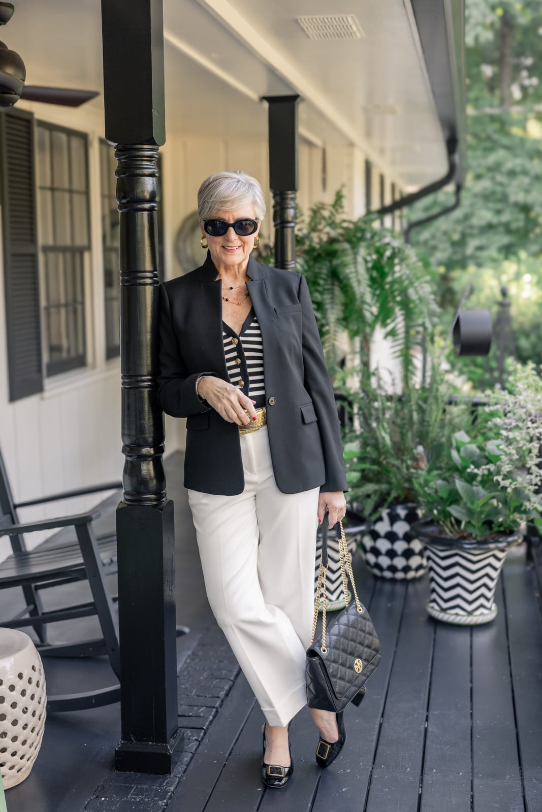 Black Blazer with Striped Top and White Trousers and Wool Blend — Trendy Black and White Outfits