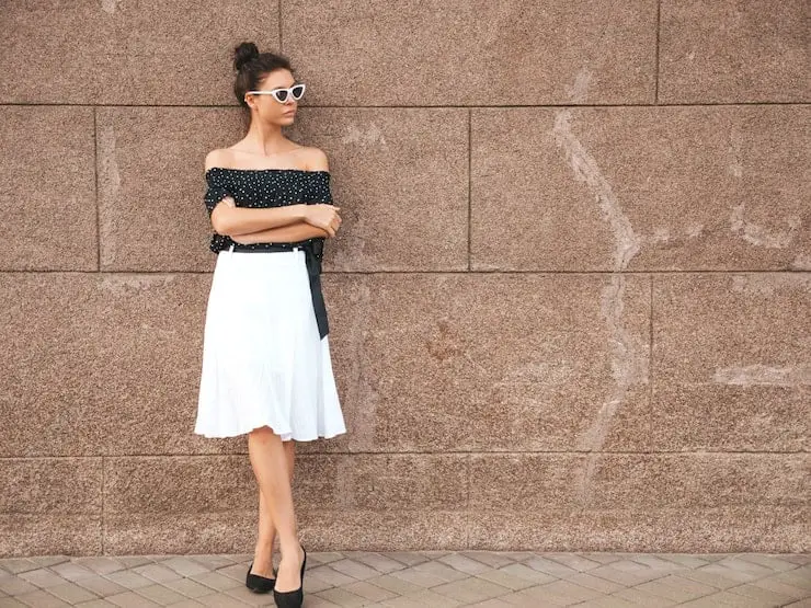 Polka Dot Top with White A-line Skirt — Trendy Black and White Outfits