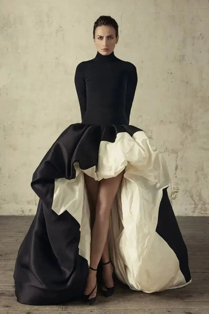 Fitted Turtleneck with Voluminous Black and White Skirt — Trendy Black and White Outfits