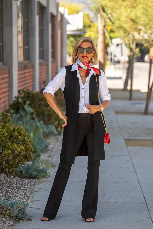 Longline Black Vest with White Shirt and Black Pants — Trendy Black and White Outfits