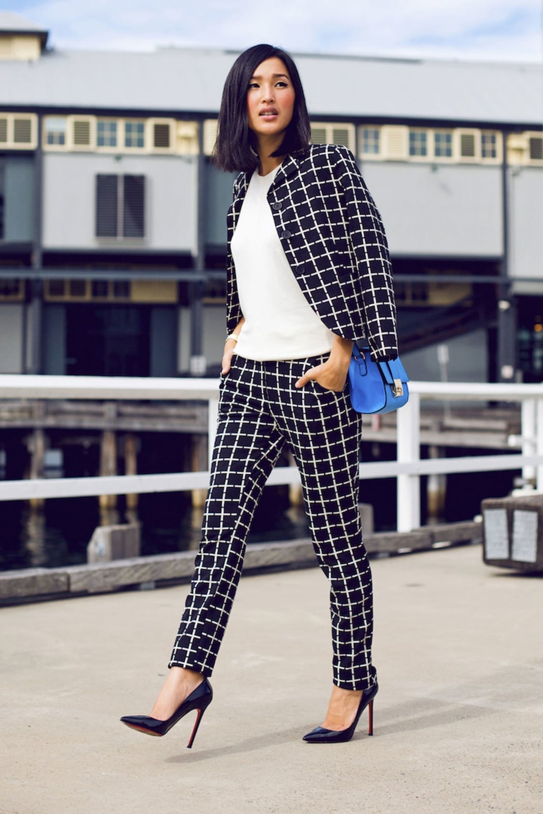 Checked Blazer with White T-Shirt and Straight-Leg Trousers — Trendy Black and White Outfits