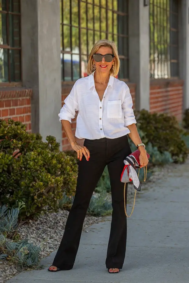 White Linen Shirt with Black Flared Pants — Trendy Black and White Outfits
