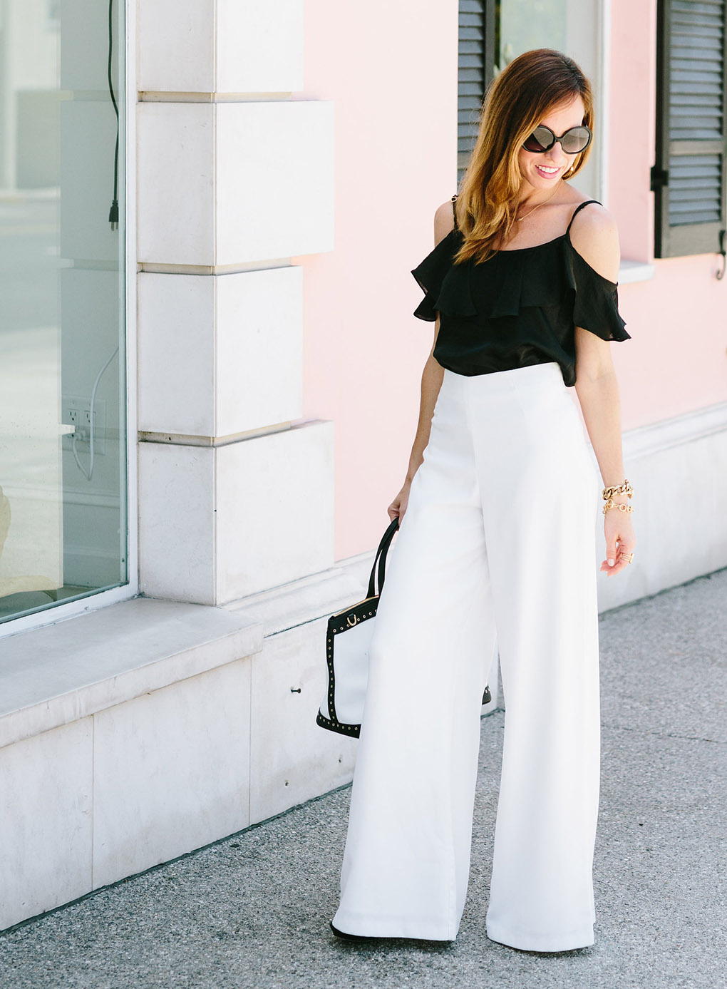 Cold Shoulder Top with White Wide-Leg Pants — Trendy Black and White Outfits