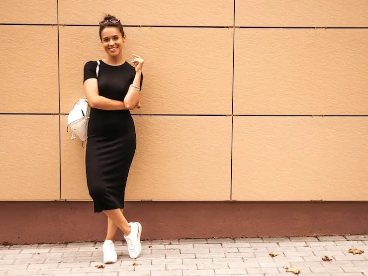 Fitted Black Midi Dress with White Sneakers — Trendy Black and White Outfits