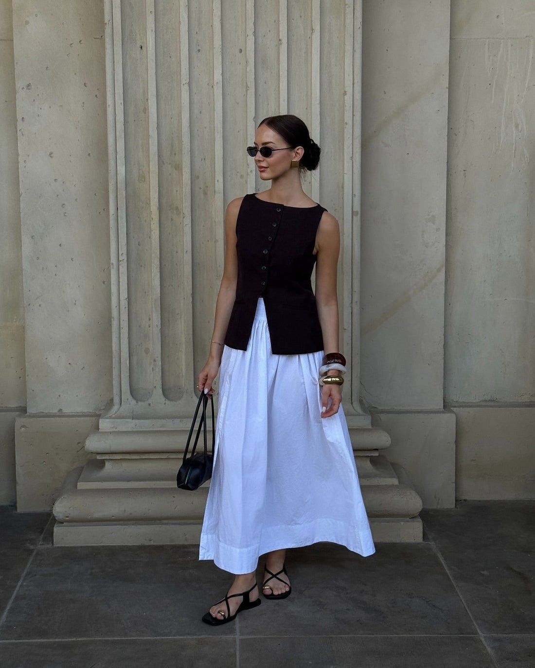 Sleeveless Vest with White Midi Skirt and Relaxed Fit — Trendy Black and White Outfits