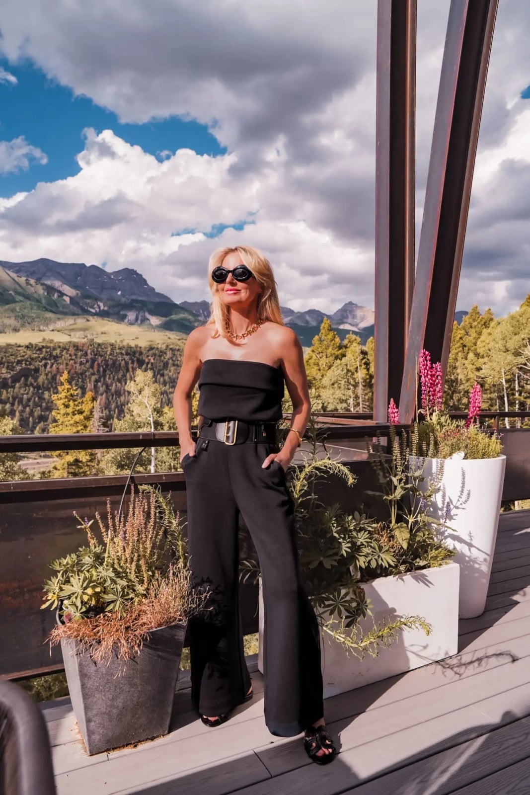 Strapless Wide-Leg Jumpsuit with Gold Accents, Close-Up Take — Trendy Black and White Outfits