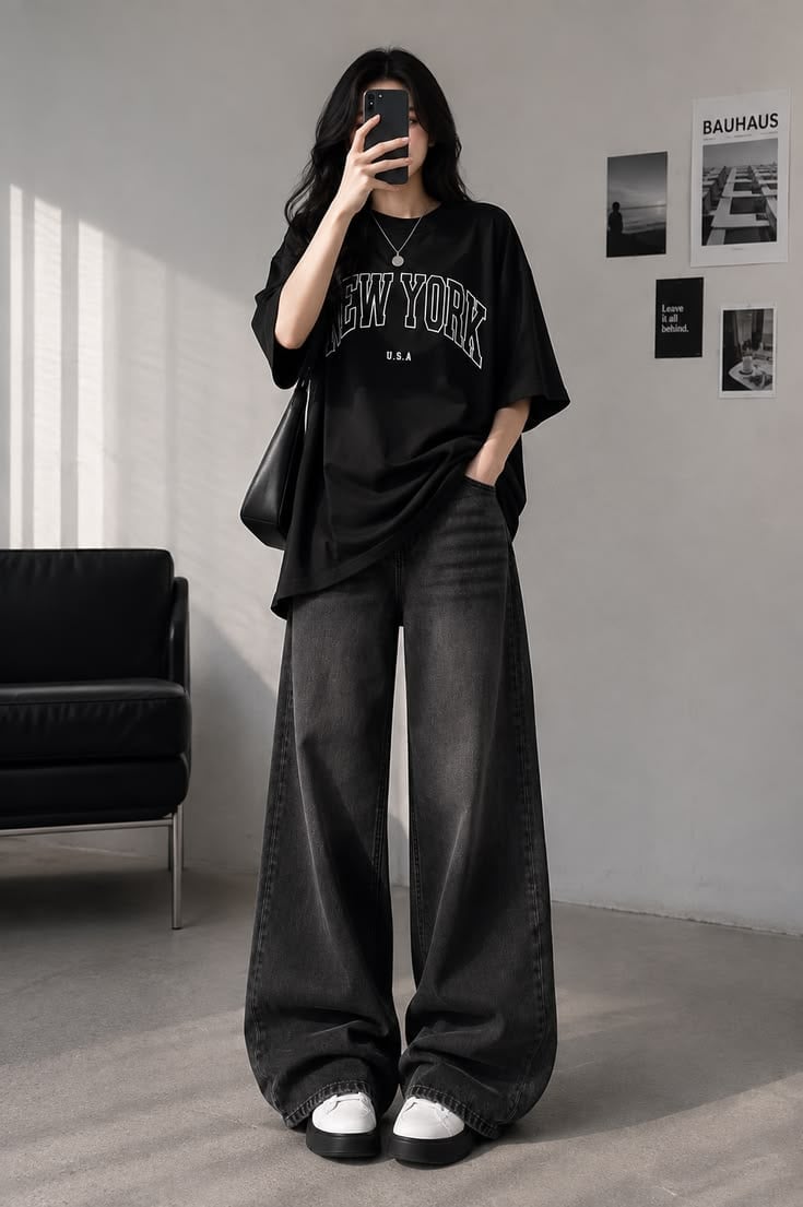 Extremely Wide Leg Black Jeans with an Oversized Tee Extremely Wide Leg Black Jeans with an Oversized Tee — Trendy Black Baggy Jeans Outfit