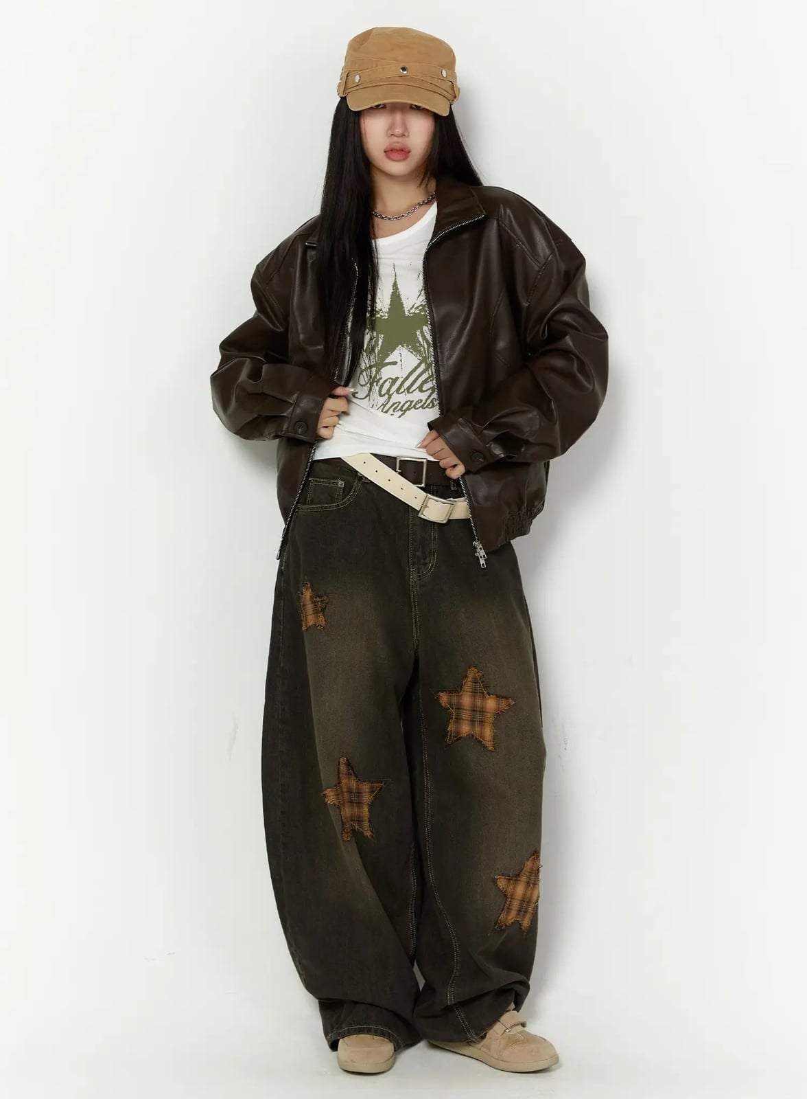 Oversized Baggy Jeans with Plaid Patches and a Leather Jacket Oversized Baggy Jeans with Plaid Patches and a Leather Jacket — Trendy Black Baggy Jeans Outfit